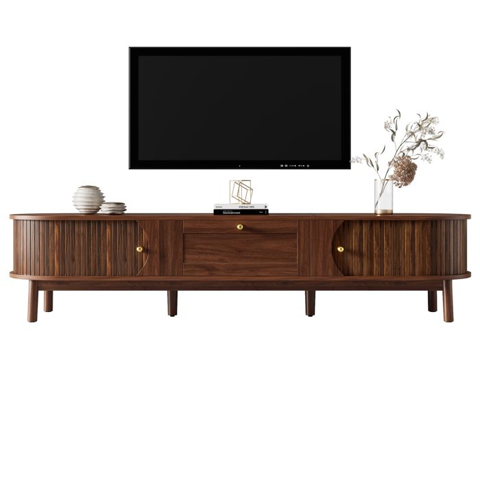 Meuble TV Bas pour Salon avec Portes en Bois Massif et Tiroir - Meuble TV Naturel - Finition Noyer - 170 x 39.5 x 38 cm