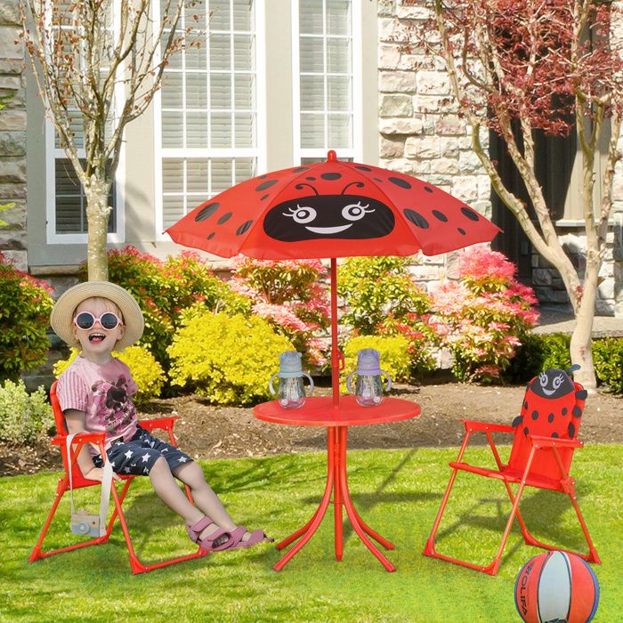 Salon de jardin enfant 4 pièces rouge avec 2 chaises pliantes parasol table ronde acier et tissu Oxford