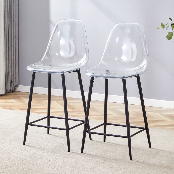 MEUBLIV Lot de 2 tabourets de bar transparents avec structure en metal noir et repose-pieds 45 x 51 x 102 cm