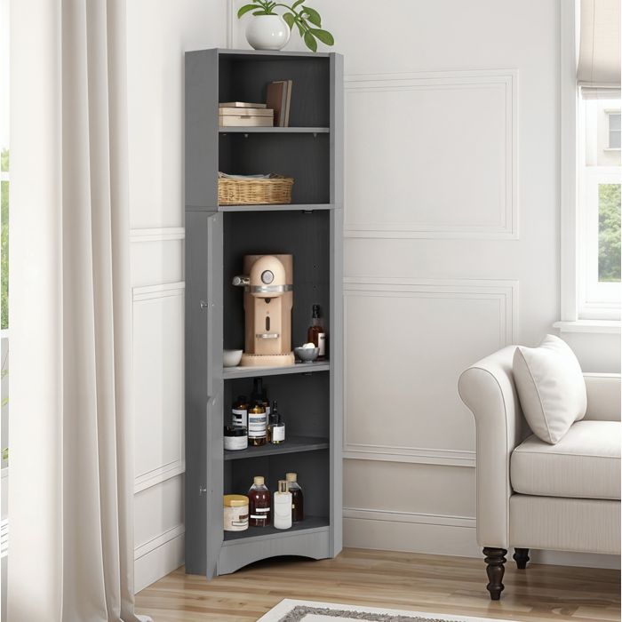 Colonne de salle de bain dangle meuble de rangement 36 5 x 36 5 x 155 cm 2 niches ouvertes 2 portes gris ORVRYN