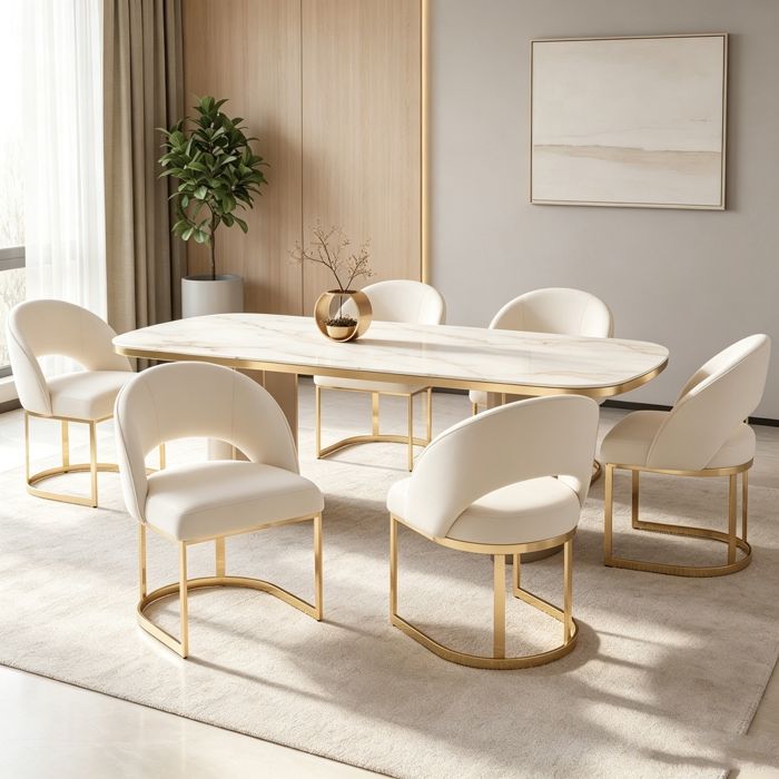 Lot de 6 Chaises de Salle à Manger Modernes Chaises de Cuisine Rembourrés Pieds de Chaise Galvanisés de Couleur Or Beige + Or