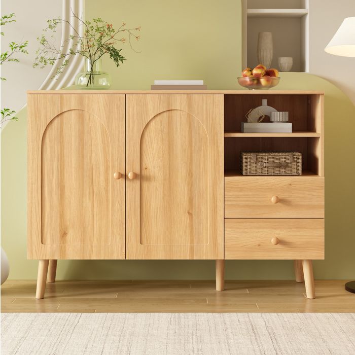 Buffet 2 Portes 2 Tiroirs et 2 Niches Ouvertes Portes Cintrées - YEAVIO - Décor Bois Naturel pour Salon 118×35×82 cm