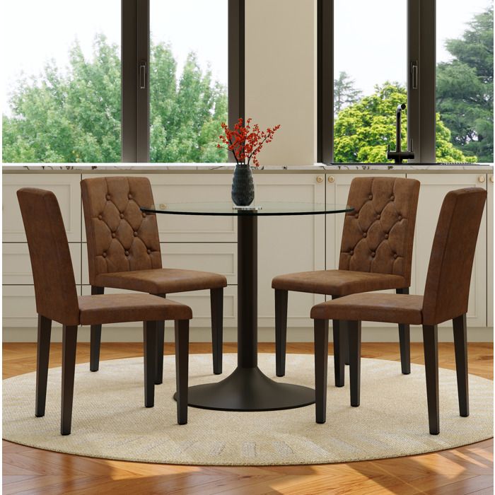 Ensemble Table et Chaises avec 1 Table Ronde en Verre et 4 Chaises Capitonnées - Verre Métal et Simili - Marron