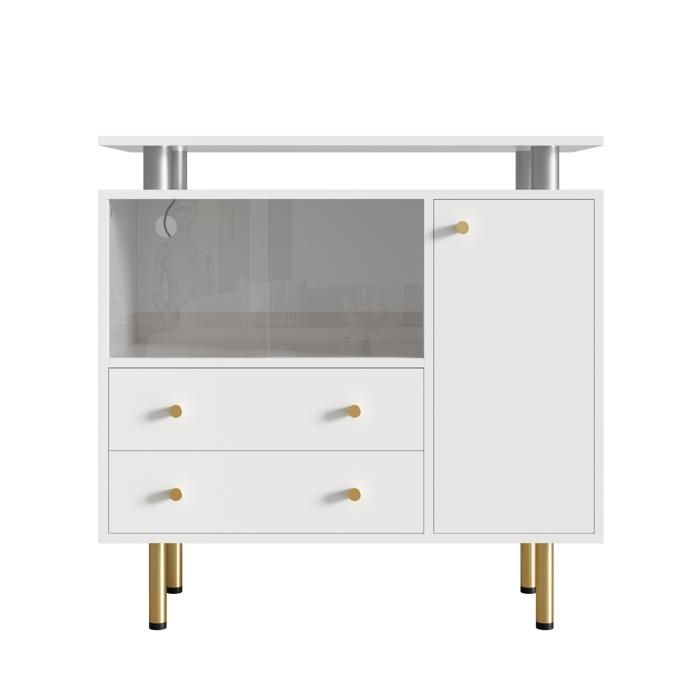 Buffet LED blanc - 2 portes coulissantes en verre 2 tiroirs et 1 porte - 80 x 35 x 80 cm