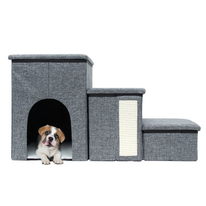 Escalier pour chien et chat pliable 3 marches gris 72 x 32 5 x 43 cm - avec rangement et niche pour petits animaux canapé et lit