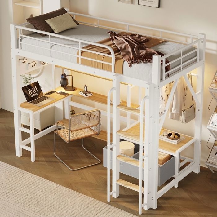 Lit Mezzanine 140x200 Métal Blanc avec Bureau LED USB Étagères Panneau Perforé Lit Surélevé Ado Rentrée Scolaire Norevia
