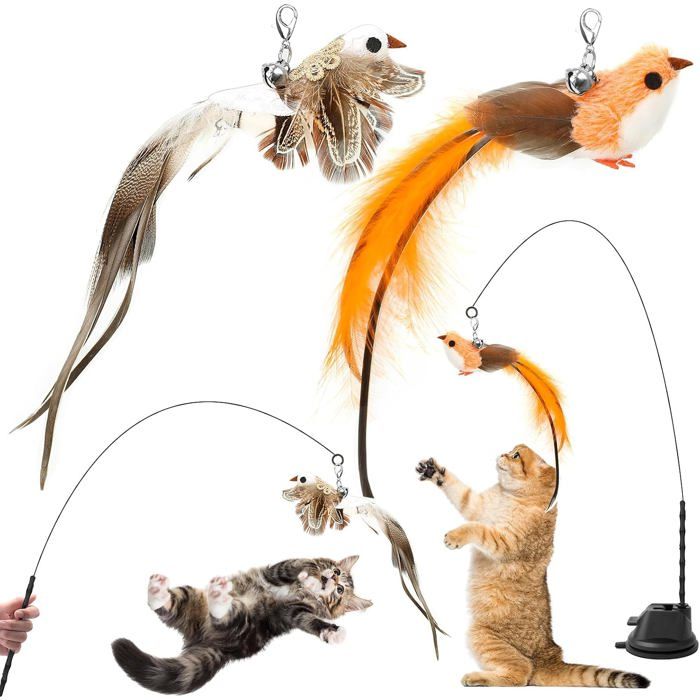 4 Pièces Jouet Chat Interactif Interieur Jouets pour Chats avec Ventouse 1 Canne à Pêche pour Chaton avec 2 Oiseaux à Clochettes