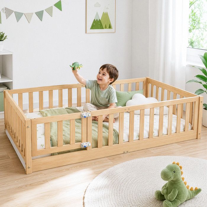 Lit enfant 80x160 cm avec barrière de sécurité et porte – Sommier à lattes inclus – Naturel Lit enfant 80x160 cm avec barrière de sécurité et porte – Sommier à lattes inclus – Naturel