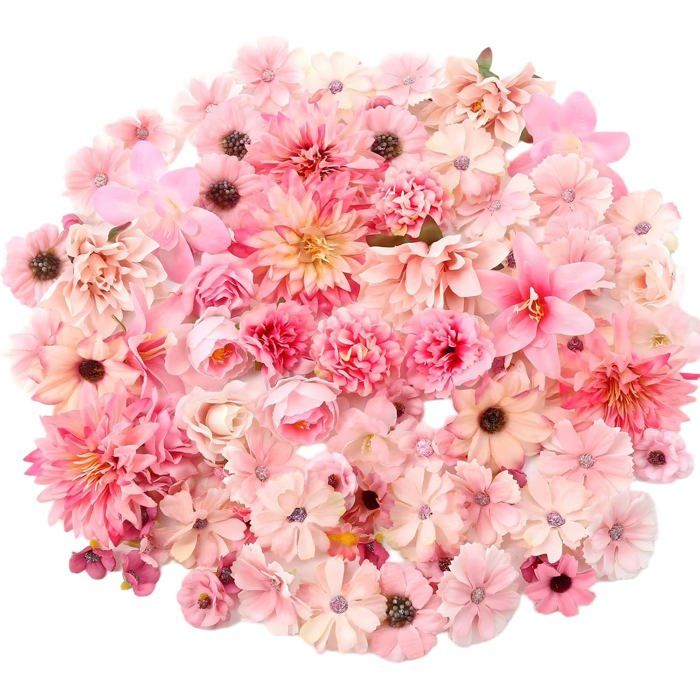Fleurs artificielles roses en tissu - 60 pièces - 18 types - Diamètre 2 à 8 cm - Soie - Intérieur