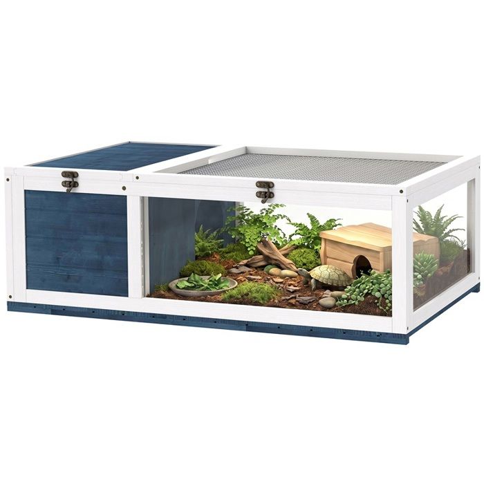 Enclos en bois pour tortues comprenant des abris principaux et un toit à charnières 91 x 60 5 x 32 cm bleu