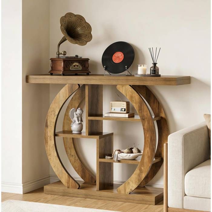 COVREO Table console 108 cm 4 étagères ouvertes style campagne bois marron clair