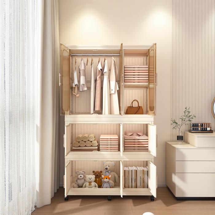 Armoire de Chambre - 92x45x158 cm - Dressing Modulaire en Plastique PP avec 9 Portes 1 Tringle et Roulettes - Beige