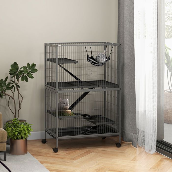 Cage pour rongeurs 80 x 52 x 128 cm 4 niveaux acier gris
