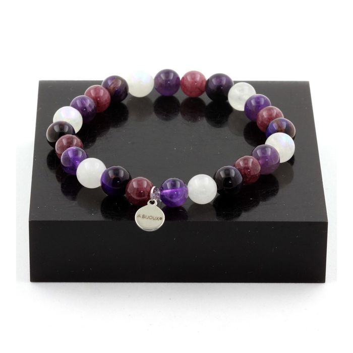 Pierres et Minéraux. Bracelet Perles Oeil de Tigre violet + Améthyste + Pierre de lune + Fabriqué en France.