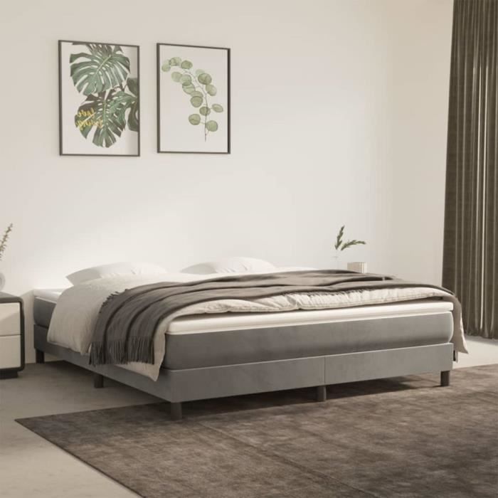 Sommier à ressorts - AKOZON - 160x200 cm - Velours gris clair - 2 places - 1 sommier monobloc