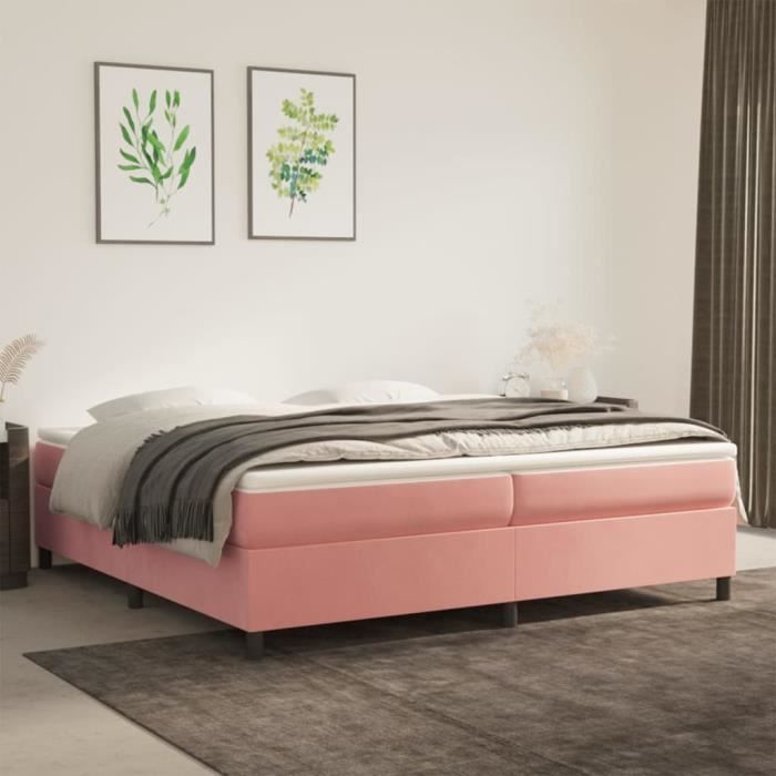 Sommier tapissier - ALOMEJOR - Rose - 200x200 cm - Velours - À ressorts