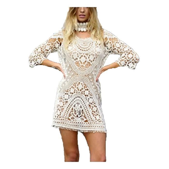 Asskdan Femme Sexy Mini Robe De Plage Detelle Crochet En Vrac Dos Nu Manche 34 Cache Maillot Sarong