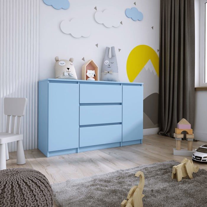 Commode - Commode 2 portes 3 tiroirs - Bleu mat - L120 x P40 x H78 cm - Chambre enfant
