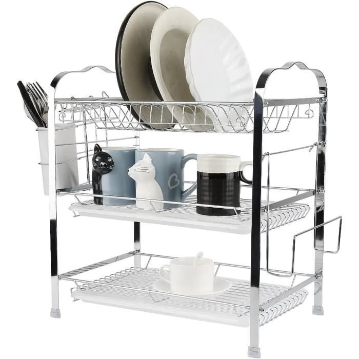 PKBD Égouttoir Vaisselle 2 Niveaux Grand - Égouttoir Avec Plateau, Bec Drainage Pivotant 360°, Support Planche à Découper, Porte-Gobelet, Acier Robuste Noir