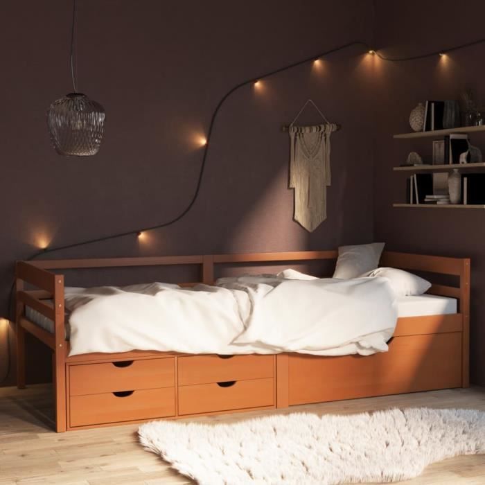 Superbe© Chambre Structure de lit 2 personnes-1 personne Cadre de lit avec tiroirs et armoire Marron miel Pin 90x200 cm - 1577
