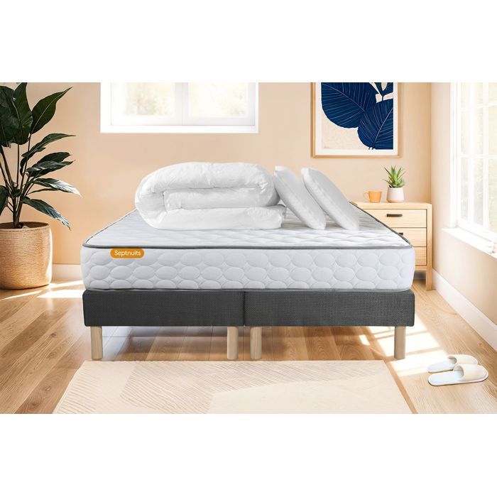 Pack matelas Memo + double sommiers gris 160x200 + 2 oreillers m&eacute;moire de forme