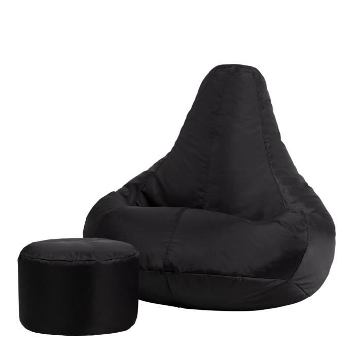 pouf fauteuil recliner et repose-pieds - veeva - textile tissé - résistant à l’eau - noir