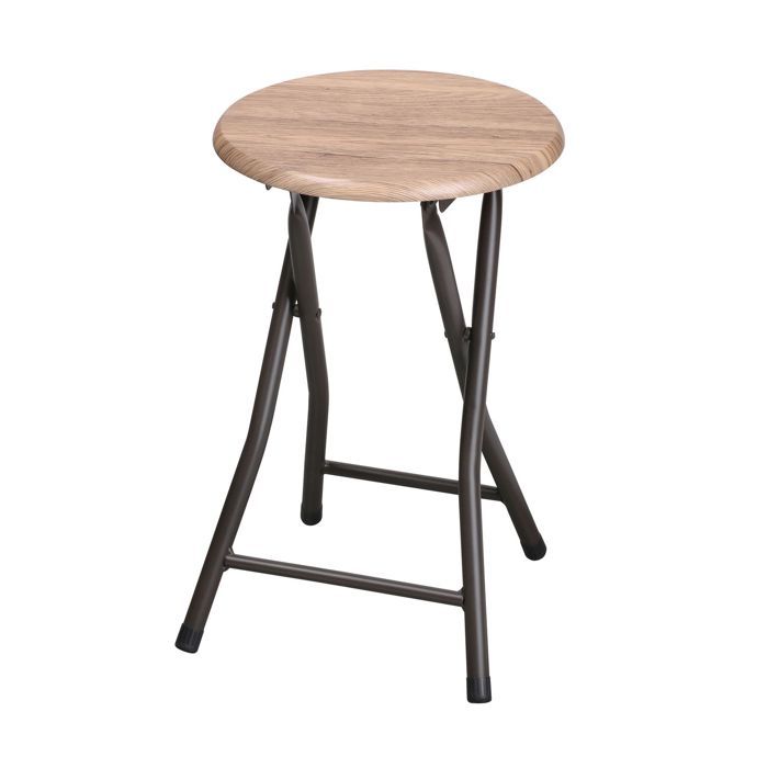 Tabouret Pliable - DOCK - 30x45CM - Métal Brun Mat - MDF 15mm - PVC Chêne
