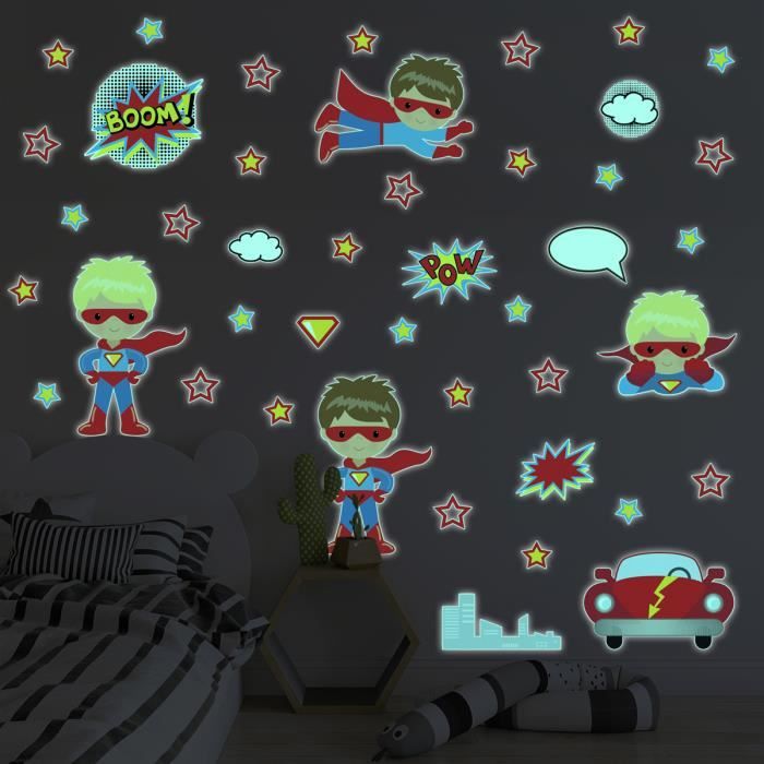 Sticker phosphorescent lumineux - SUPER-HÉROS - Autocollant mural plafond  enfant fluorescent - 120x120cm