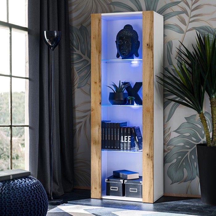 Vitrine Armoire Komodee TIVOLI - LED bleues - Bois naturel et Blanc - 55 x 159 x 35 cm Vitrine Armoire Komodee TIVOLI - LED bleues - Bois naturel et Blanc - 55 x 159 x 35 cm