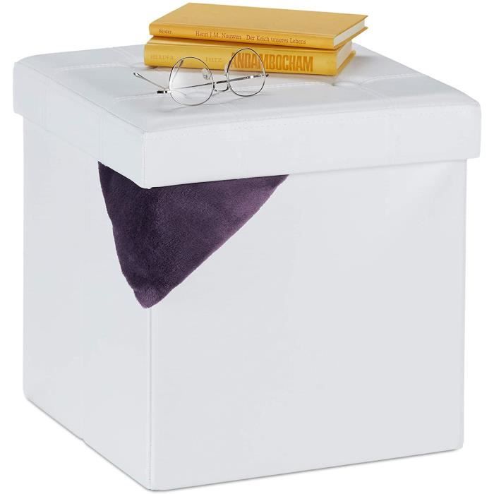 Pouf Rangement Relaxdays - Tabouret Pliable Similicuir, 40L, 38x37x37cm, Blanc - 2 En 1 Assise Et Rangement