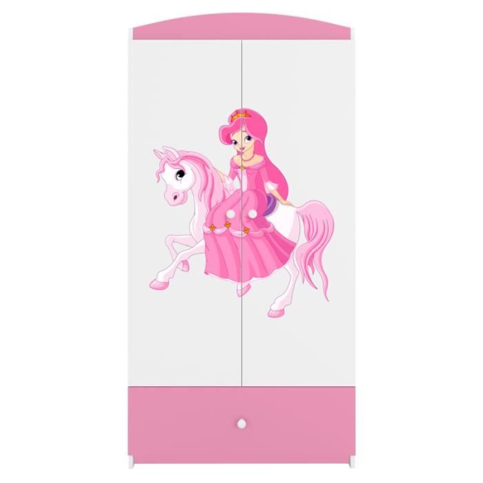 armoire enfant princesse sur un cheval 2 portes 1 tiroir de rangement - rose