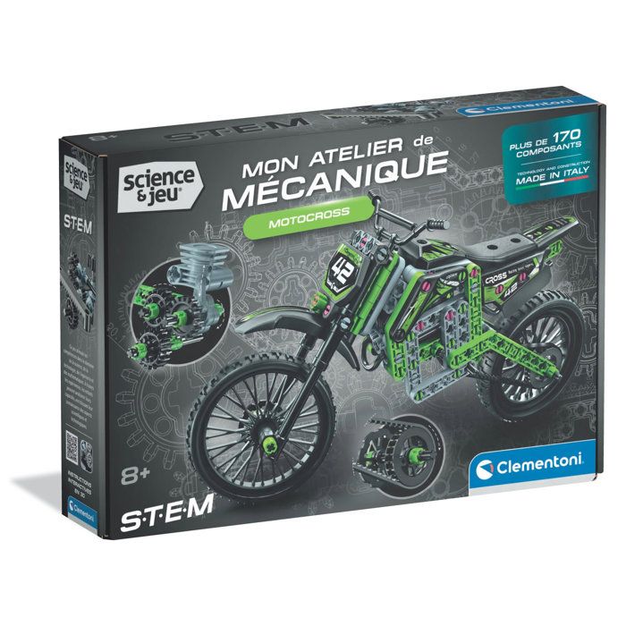 Motocross - CLEMENTONI - Mon Atelier Mécanique - Avec + 170 pièces - Dès 8 ans - Fabriqué en Italie - Coffret de construction enfant
