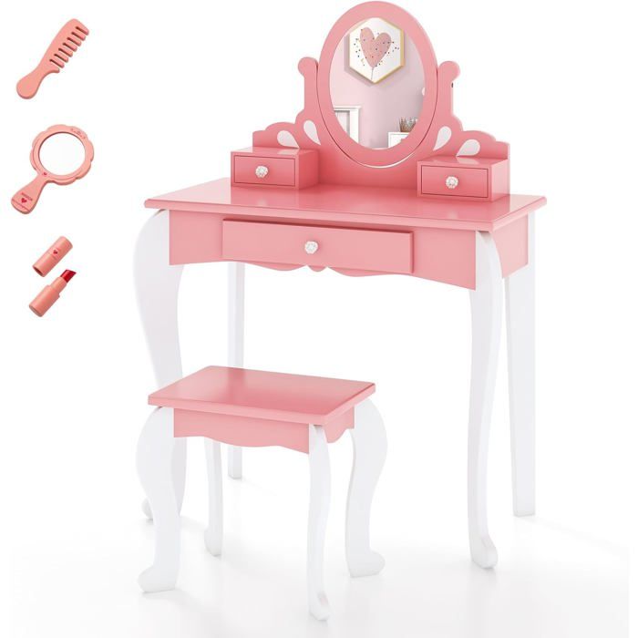 COSTWAY Coiffeuse avec Tabouret pour Enfants de Style Princesse avec Miroir Pivotant à 360° Amovible et 3 Tiroirs Rose et Blanc