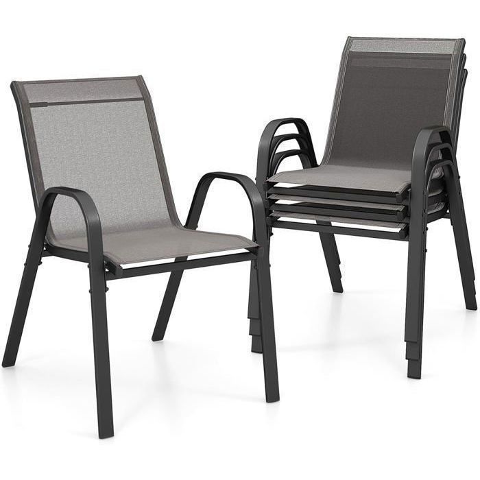 Lot de 4 Chaises de Jardin Empilables COSTWAY - Tissu en Textilène & Cadre en Acier - Charge 150kg - pour Cour Balcon Piscine -Gris
