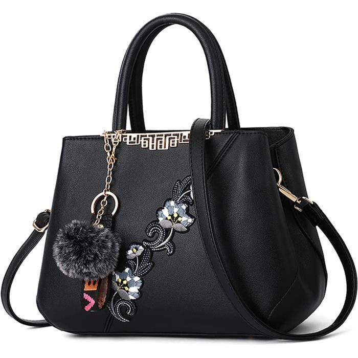 VARLIVOO Sac à Main Élégant Broderie Femme - Sac Bandoulière PU Cuir Violet, 3 Portés