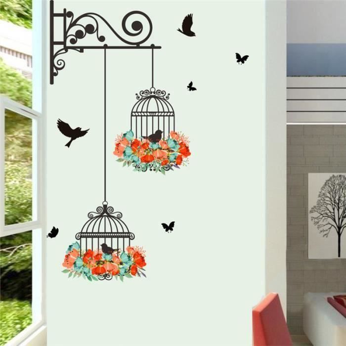 1X Cage À Oiseaux Fleur Amovible Sticker Muraux Autocollant Décor Maison Moderne