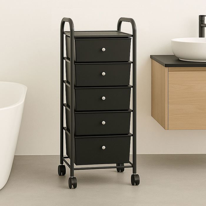 Caisson de rangement sur roulettes GINA colonne de 5 tiroirs et 1 étagère pour salle de bain ou bureau noir et métal Caisson de rangement sur roulettes GINA colonne de 5 tiroirs et 1 étagère pour salle de bain ou bureau noir et métal