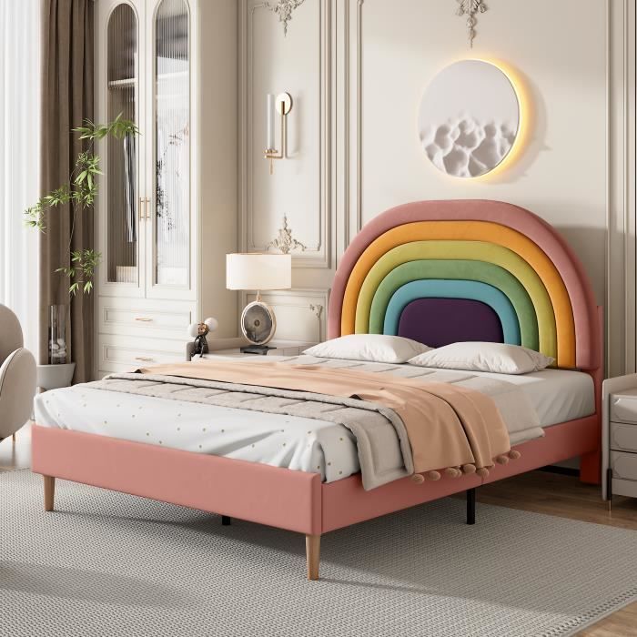 lit double 140 x 200 cm, lit capitonné en velours, tête de lit coloré réglable, sommier à lattes inclus, style contemporain, rose
