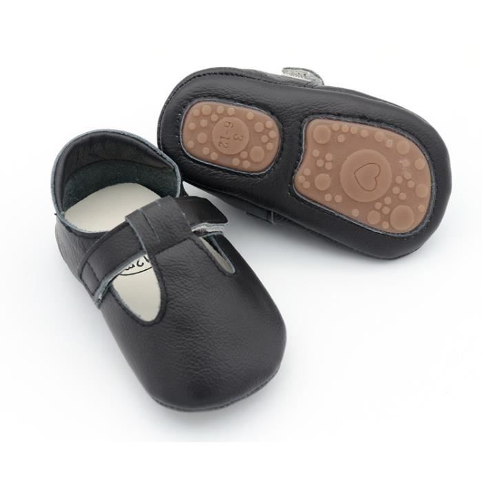 Filles bébé-en cuir véritable semelle souple chaussures de bébé-noir avec coeurs