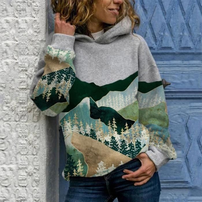 Sweat Femme Pull manches longues imprim montagne grande taille