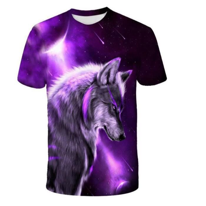 T-Shirt Homme Loup Imprimé 3D Baggy Purple Col Rond Purple