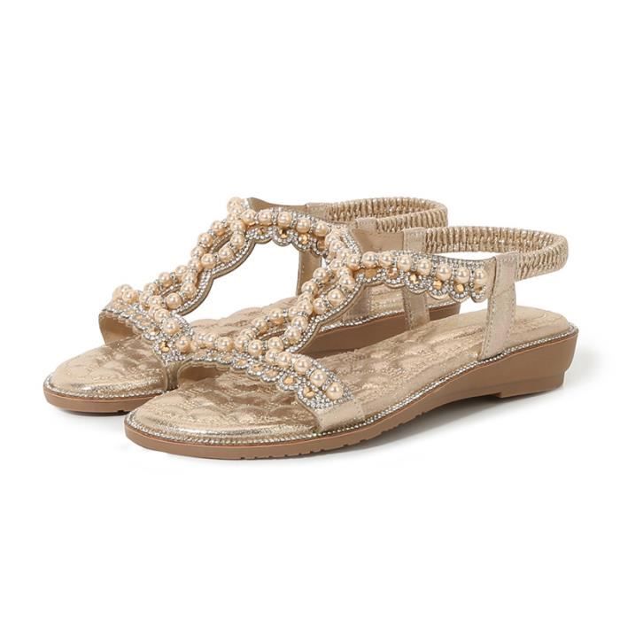 Sandales Femme Bohème Plates Avec Fleurs & Strass - Confortables, Respirantes Pour Plage, Vacances, Été