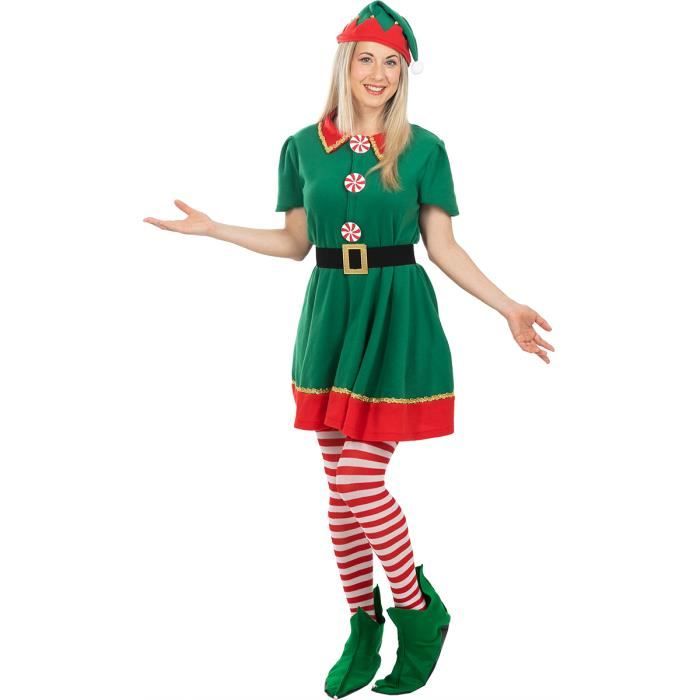 LiiYii Costume D'elfe Pour Femme Deguisement Lutin Noël Adulte Ensemble Robe Chapeau Costume Spectacle S-XXL Vert S