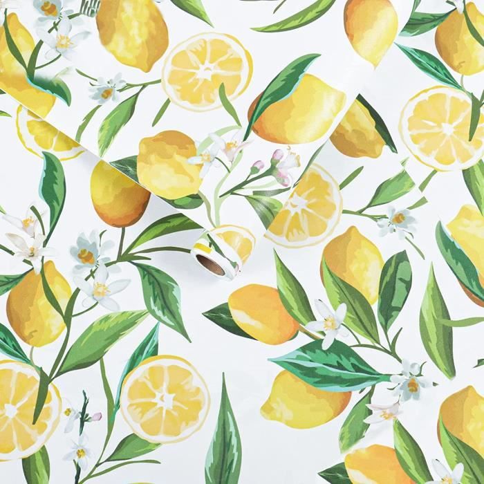 OUTAD® Papier Peint Citron Jaune Vintage Papier Adhésif Papier Peint Floral Aquarelle Mural Pour Armoire Chambre Cuisine-45×300cm