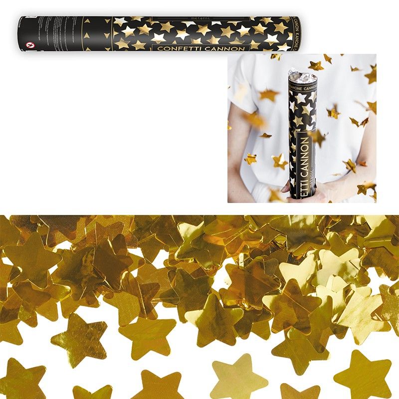 Canon à confettis avec étoiles or 40 cm