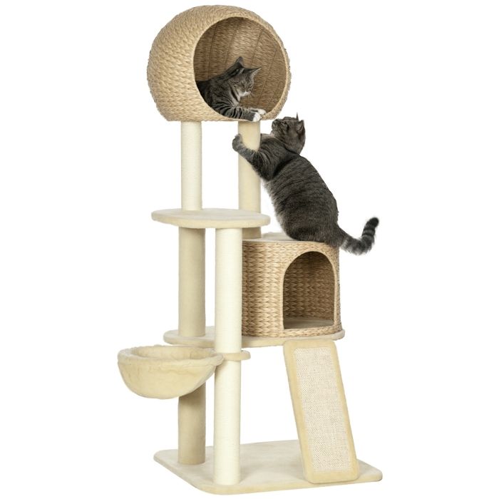 Arbre à chats cosy chic - PawHut - griffoir sisal 2 niches plateforme hamac peluche jacinthe deau - 60x60x150cm - beige