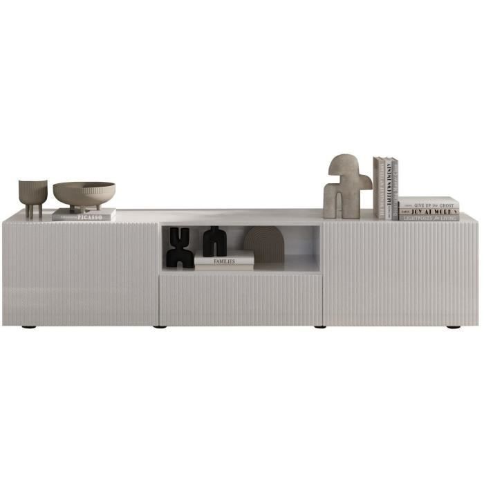 Meuble TV - RICCIONE - Blanc laqué brillant - 2 portes - 1 tiroir - 184 x 42 x 425 cm