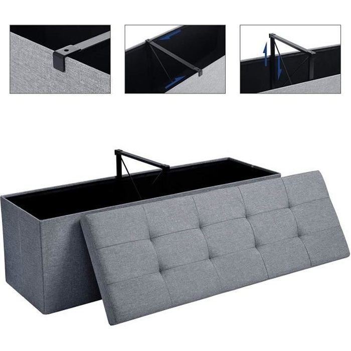 SONGMICS Pouf Coffre de Rangement Pliable Banc de Rangement avec Couvercle Pliant 120L Gris Clair LSF71G