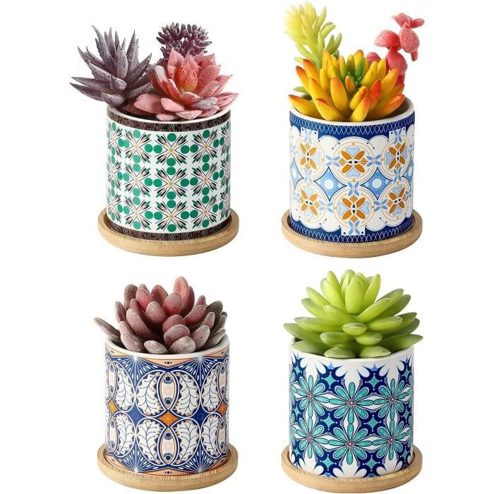 Pots De Fleurs Pour Succulentes En Céramique Blanche Avec Plateau En