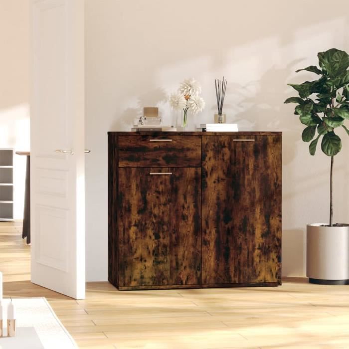Buffet haut - Chêne Fumé - 80x36x75 cm - Bois dingénierie - 2 portes - Style contemporain